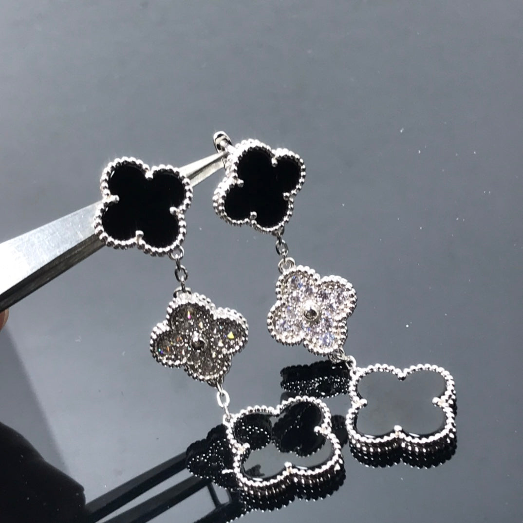¡®Loco¡¯CLOVER 3 MOTIF DIAMOND ONYX SILVER EARRINGS