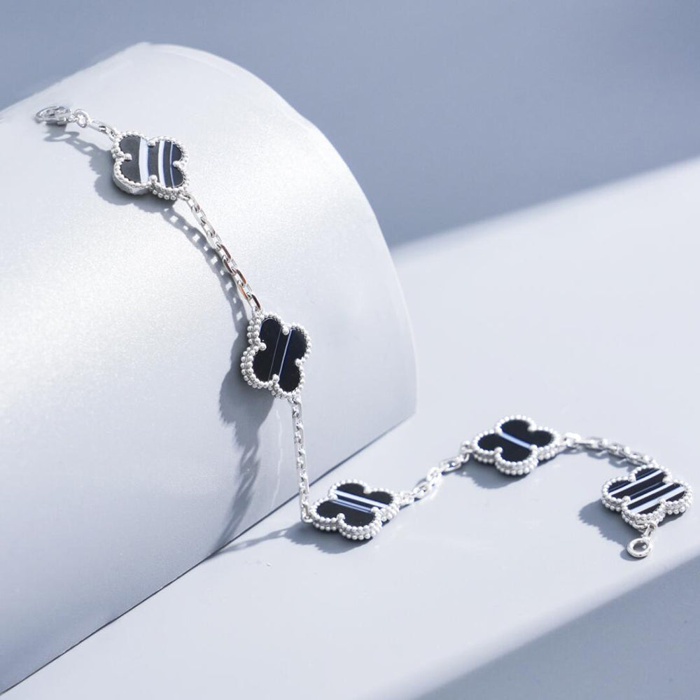 ¡®Loco¡¯CLOVER 5 MOTIF VEINED ONYX BRACELET SILVER