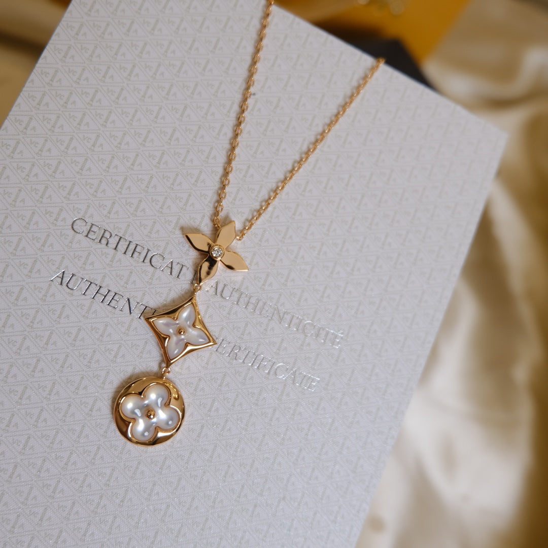 ¡®Loco¡¯COLOR BLOSSOM LARIAT NECKLACE PINK GOLD WHITE MOTHER PEARL AND DIAMOND